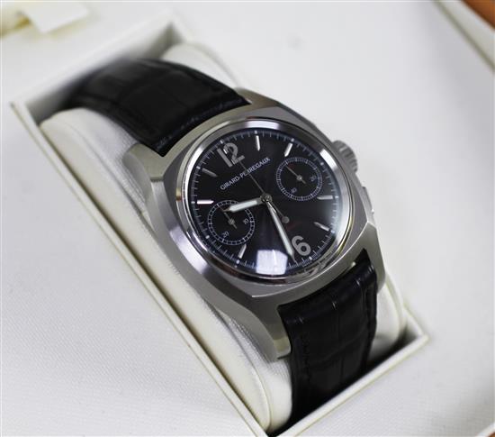A gentlemans stainless steel Girard Perregaux automatic chronograph wrist watch, with original box.